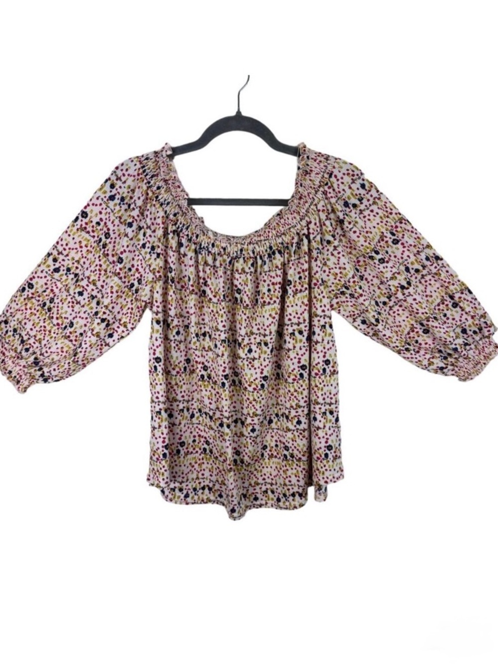 MELLODAY Colorful Off Shoulder Balloon Sleeve Stretchy Lightweight Blouse Size L